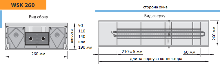 Конвектор Mohlenhoff WSK 260. Ширина 260 мм, 2-х трубный теплообменник.