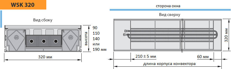 Конвектор Mohlenhoff WSK 320. Ширина - 320 мм. 3-х трубный теплообменник.